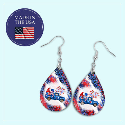 4th of July Gnome Pickup Truck Earrings - Festive Red, White and Blue Dangle Earrings