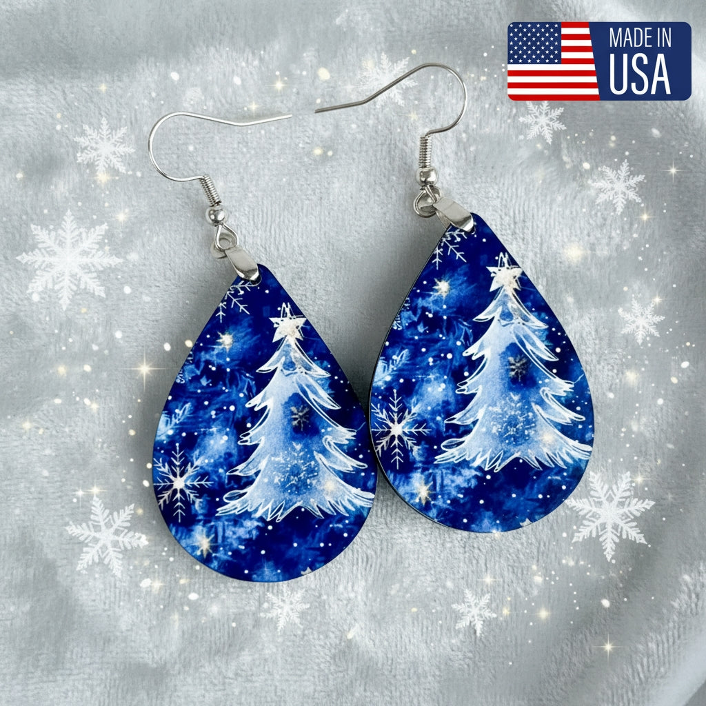 Blue Christmas Tree Earrings – Winter Teardrop Holiday Jewelry