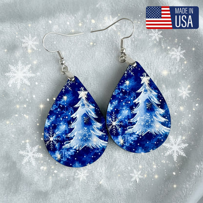 Blue Christmas Tree Earrings – Winter Teardrop Holiday Jewelry
