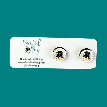Floral Black Pug Stud Earrings