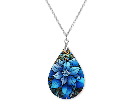 Blue Poinsettia Christmas Teardrop Shape Necklace