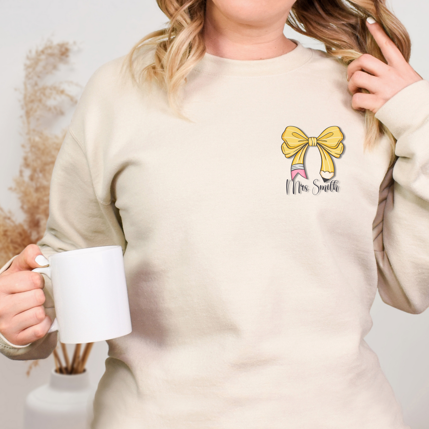 Personalized Teacher Sweatshirt with Bow & Pencil Design