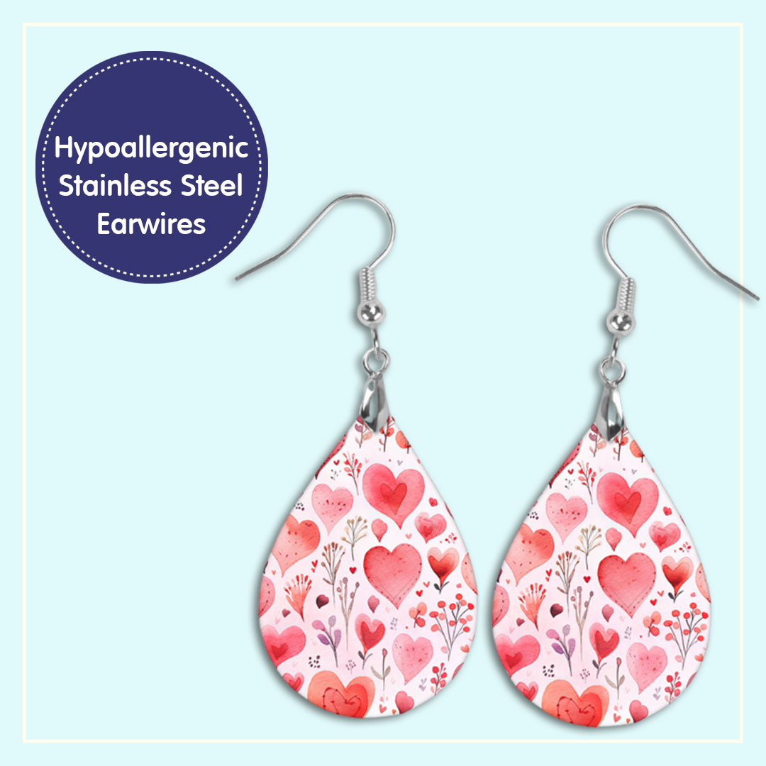 Valentine's Day Earrings - Pink Floral Watercolor Hearts