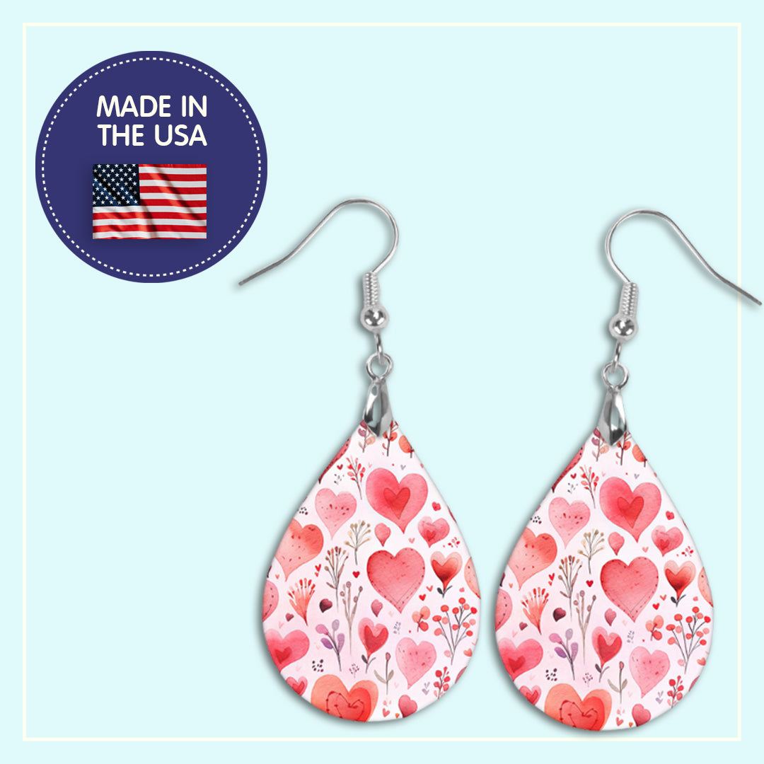 Valentine's Day Earrings - Pink Floral Watercolor Hearts