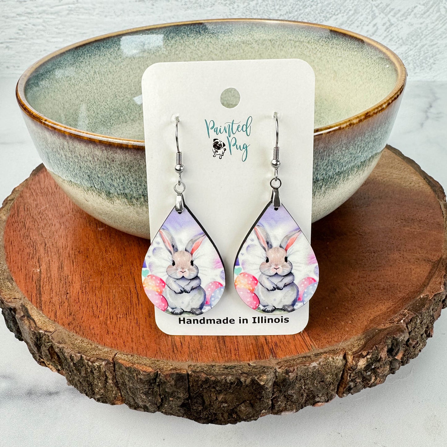 Easter Bunny Teardrop Earrings – Printed Wood Dangles in Two Sizes