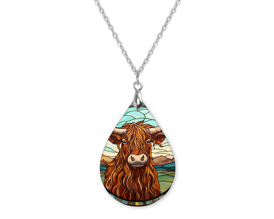 Highland Cow Stained Glass Floral Christmas Teardrop Shape Necklace