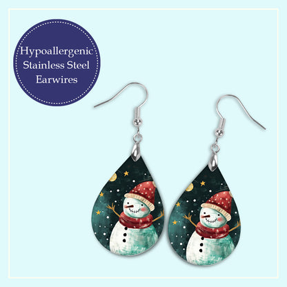 Snowman Santa Hat Christmas Teardrop Earrings - Festive Holiday Jewelry