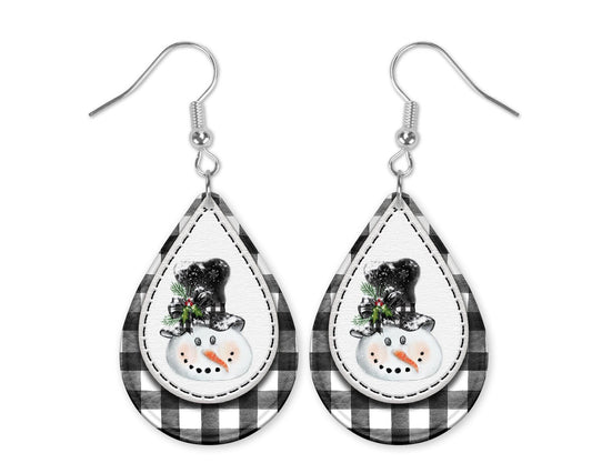 Snowman Plaid Teardrop Dangle Earrings