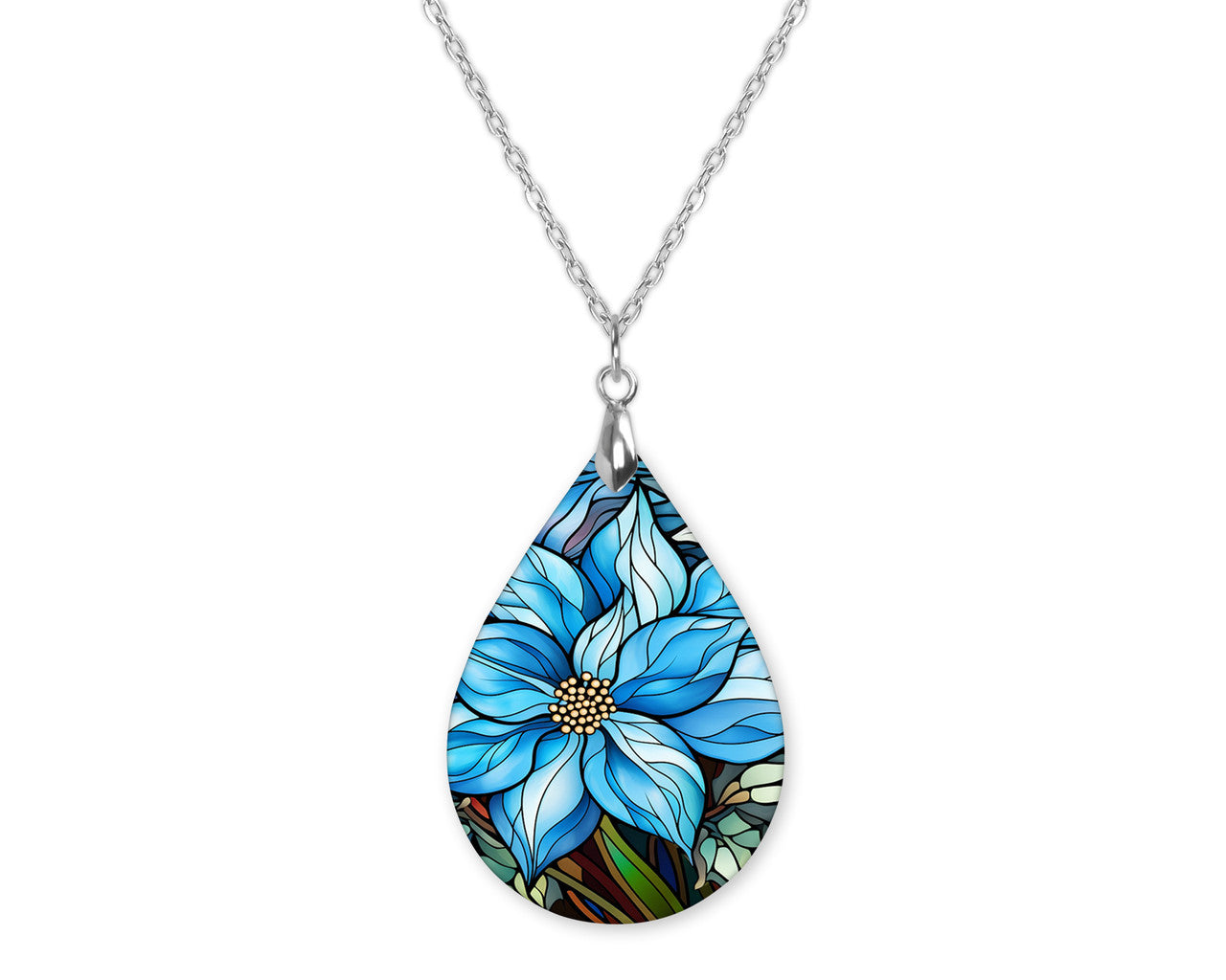 Christmas Blue Flower Teardrop Shape Necklace
