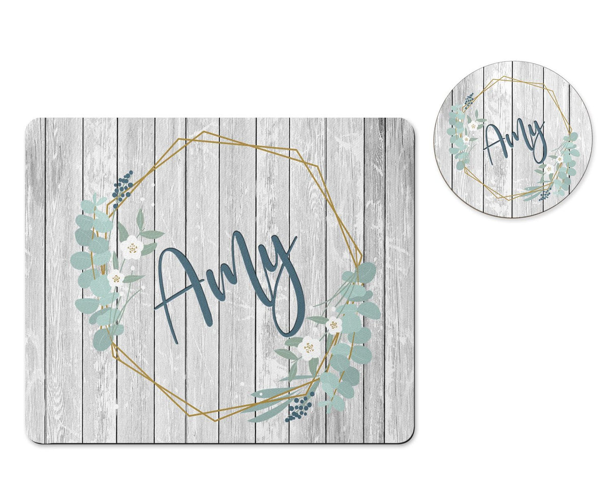 Personalized barnwood wreath mousepad and coaster set