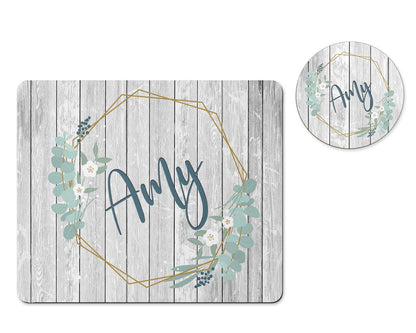 Personalized barnwood wreath mousepad and coaster set