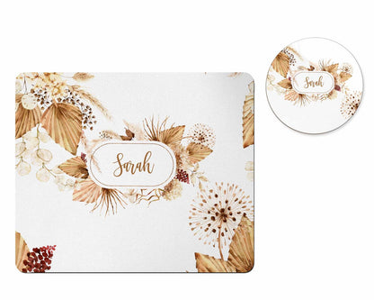 Personalized boho pampas mousepad and coaster set