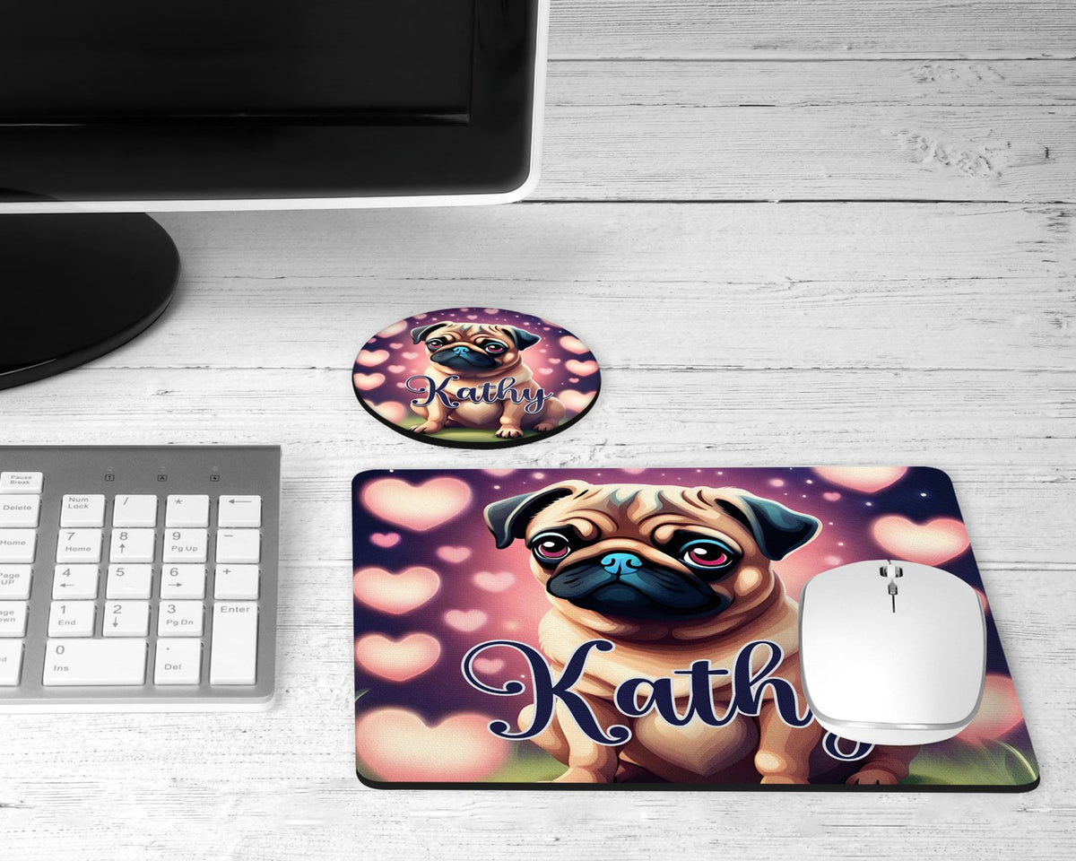 Personalized pug hearts mousepad and coaster set