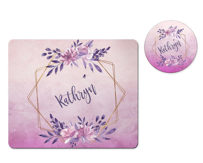 Personalized purple wreath mousepad and coaster set