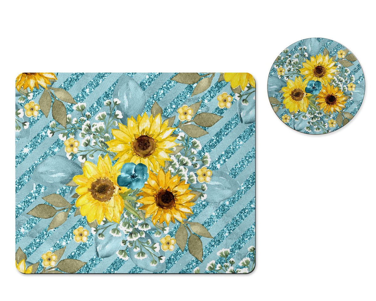Sunflower bunch teal stripe mousepad and coaster set
