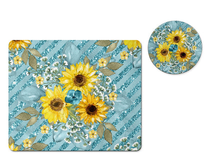 Sunflower bunch teal stripe mousepad and coaster set