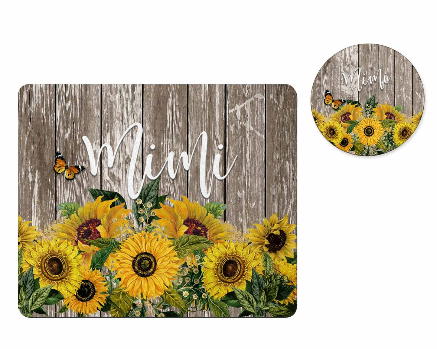 Personalized sunflower barnwood mousepad and coaster set