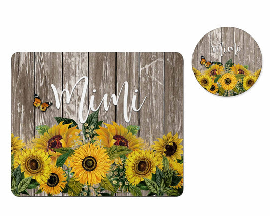 Personalized sunflower barnwood mousepad and coaster set