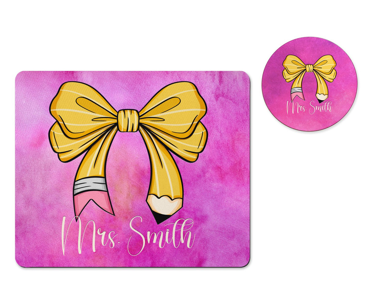 Personalized teacher pencil bow mousepad and coaster set