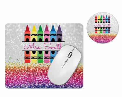 Personalized teacher crayon glitter mousepad and coaster set