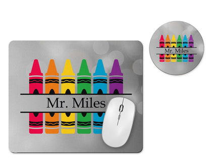 Personalized teacher crayon mousepad and coaster set grey