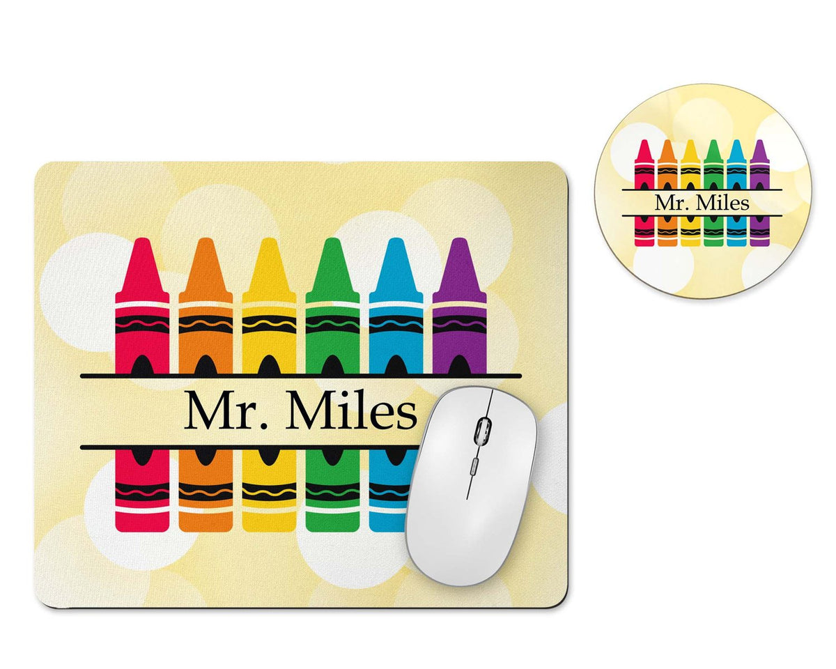 Personalized teacher crayon mousepad and coaster set yellow
