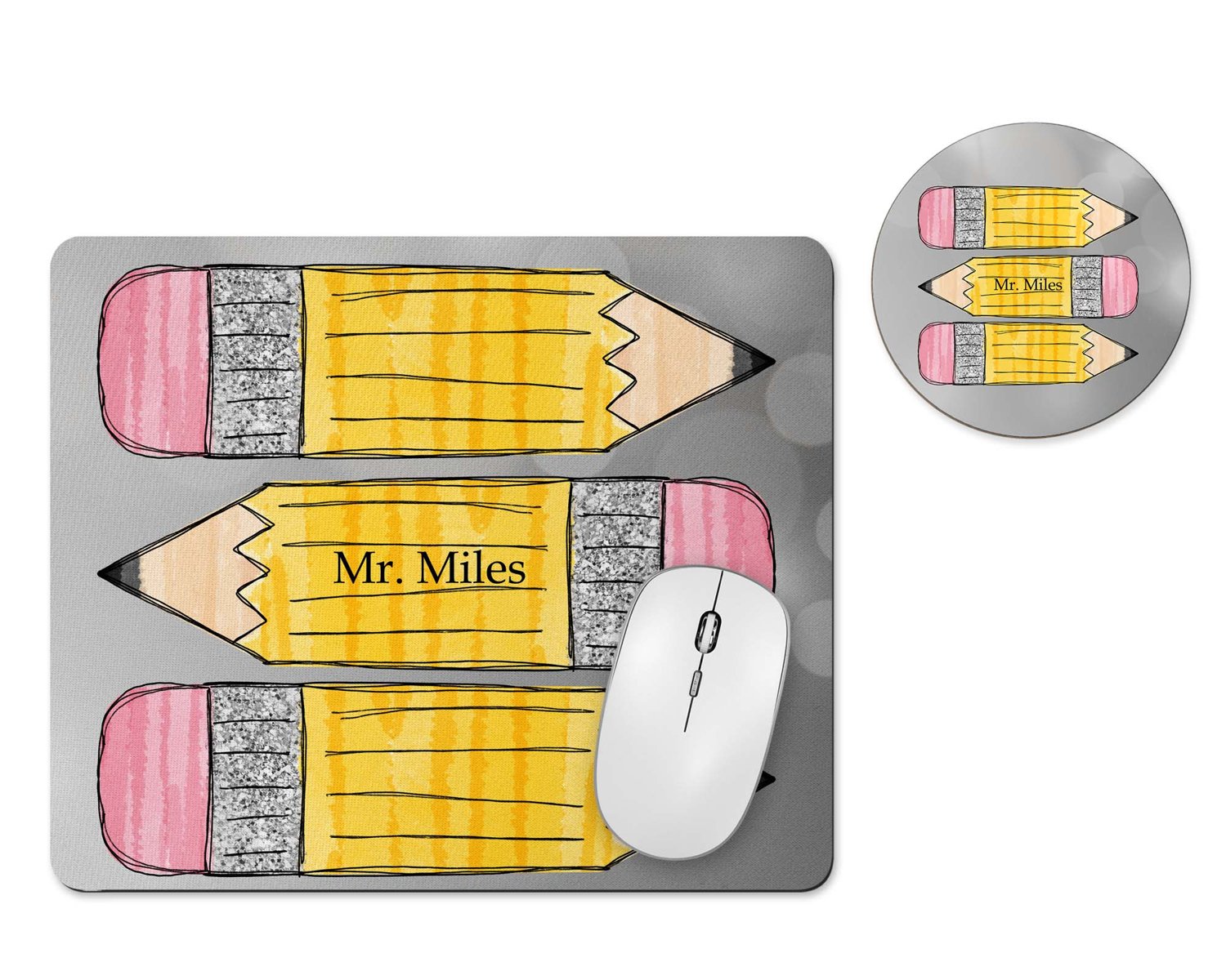 Personalized teacher pencil mousepad and coaster set