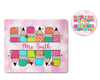 Personalized colorful pencils teacher mousepad and coaster set