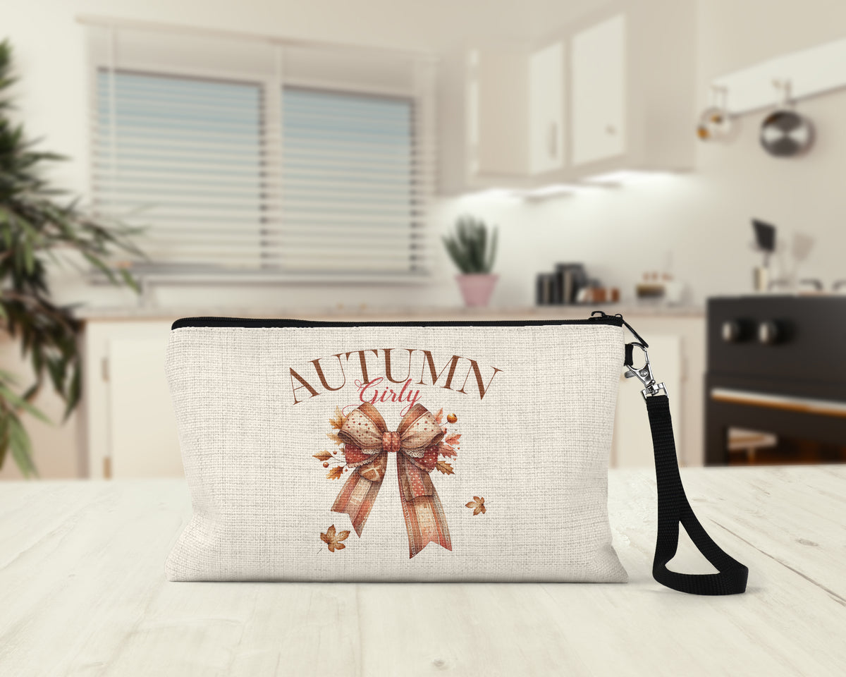 Autumn Girly Bow Makeup Bag on a kitchen counter