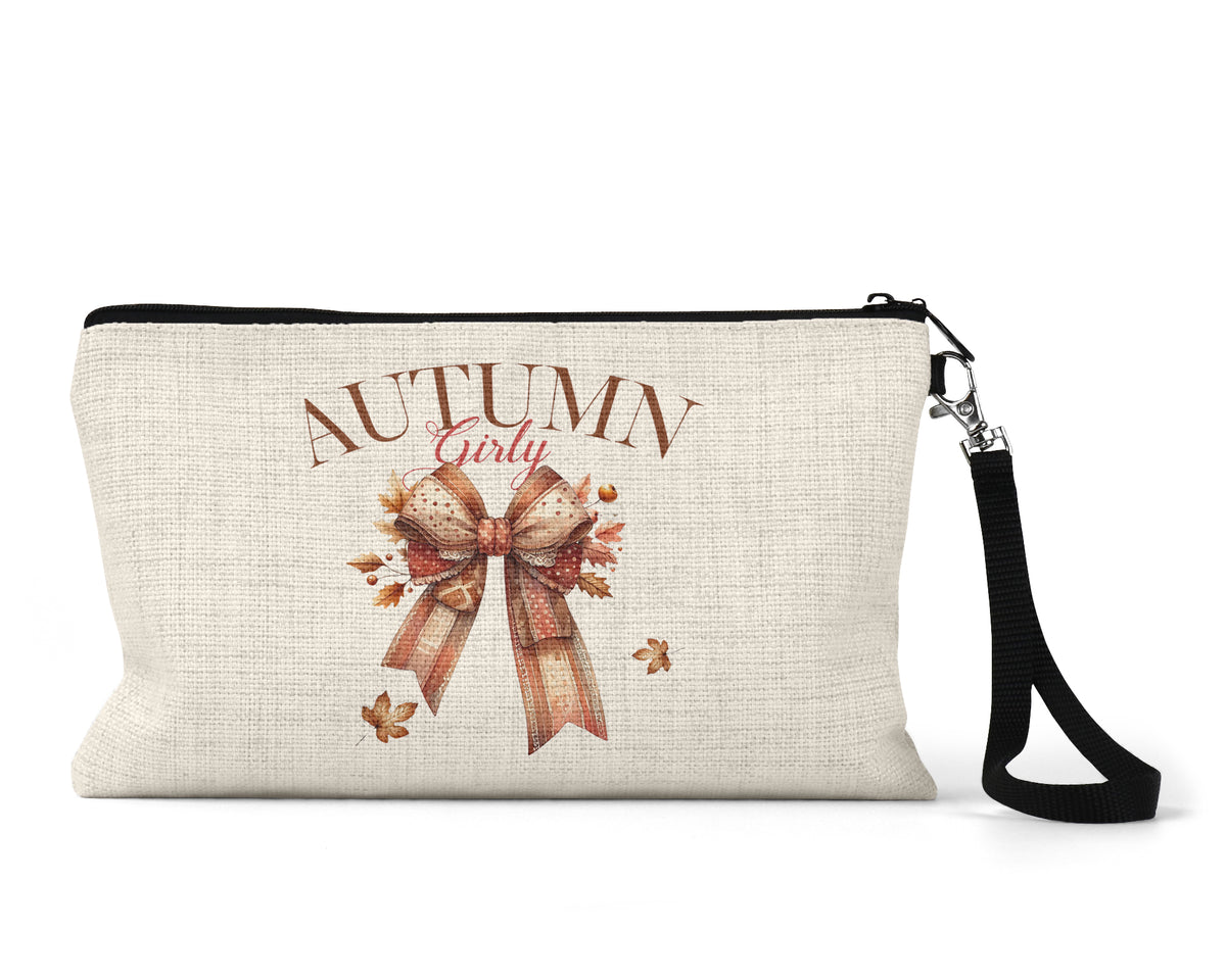 Autumn Girly Bow Makeup Bag front view on a white background