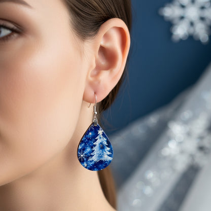Blue Christmas Tree Earrings – Winter Teardrop Holiday Jewelry