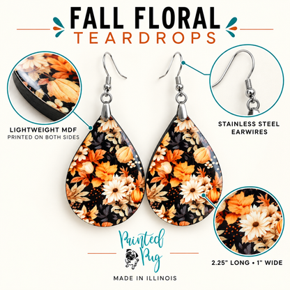 Fall Floral Teardrop Earrings – Daisies and Leaves