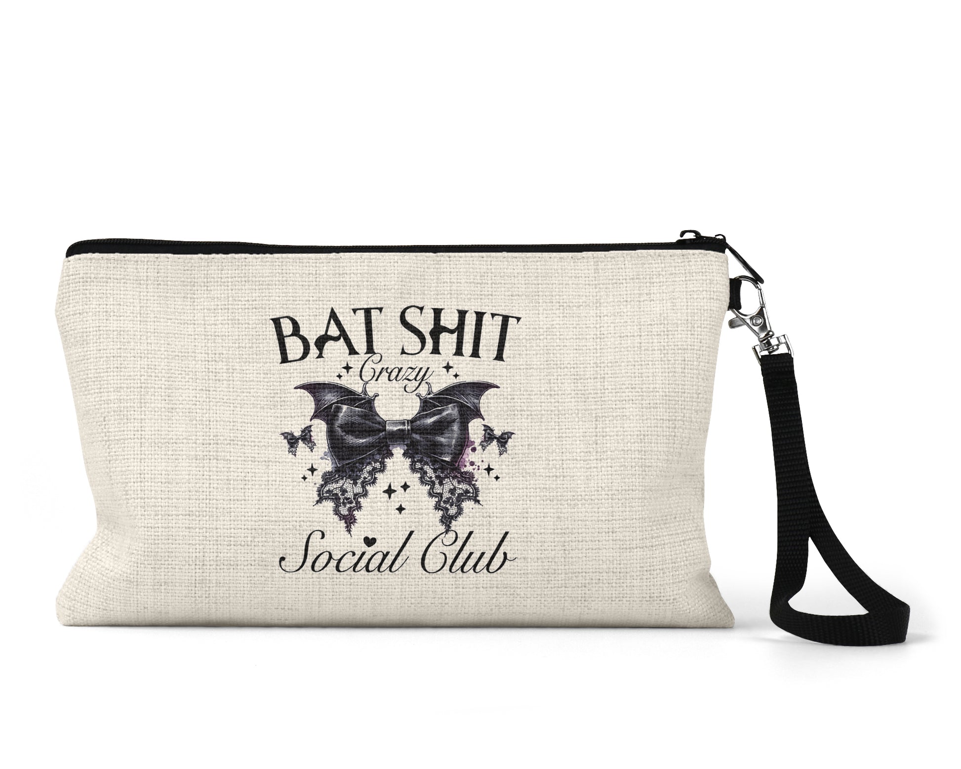 Bat Crazy Social Club Makeup Bag front view on a white background