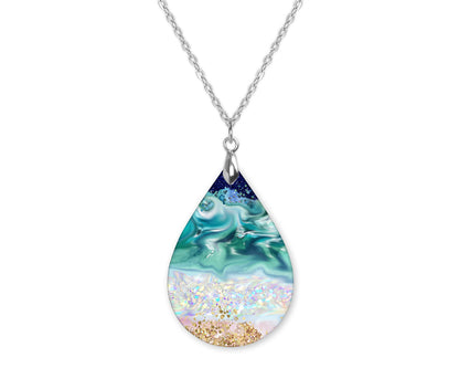 Teal Green Glittered Gold Agate Teardrop Shape Necklace