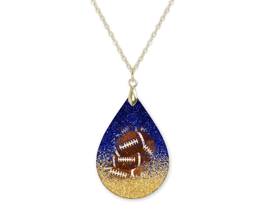 Blue Gold Glitter Football Teardrop Shape Necklace