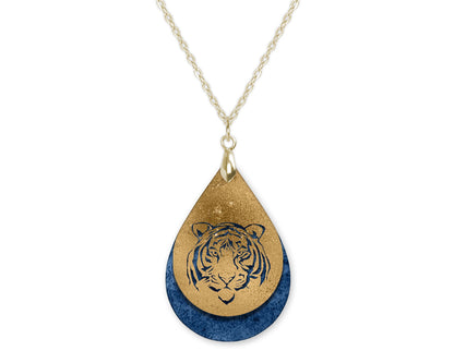Blue Gold Tiger Game Day Teardrop Shape Necklace