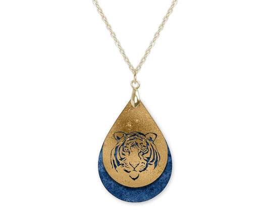 Blue Gold Tiger Game Day Teardrop Shape Necklace
