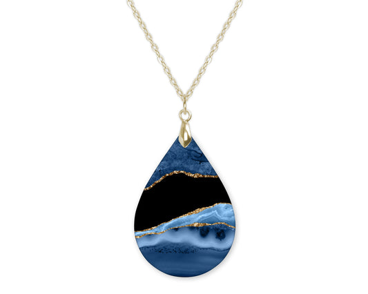 Blue Black Gold Agate Teardrop Shape Necklace