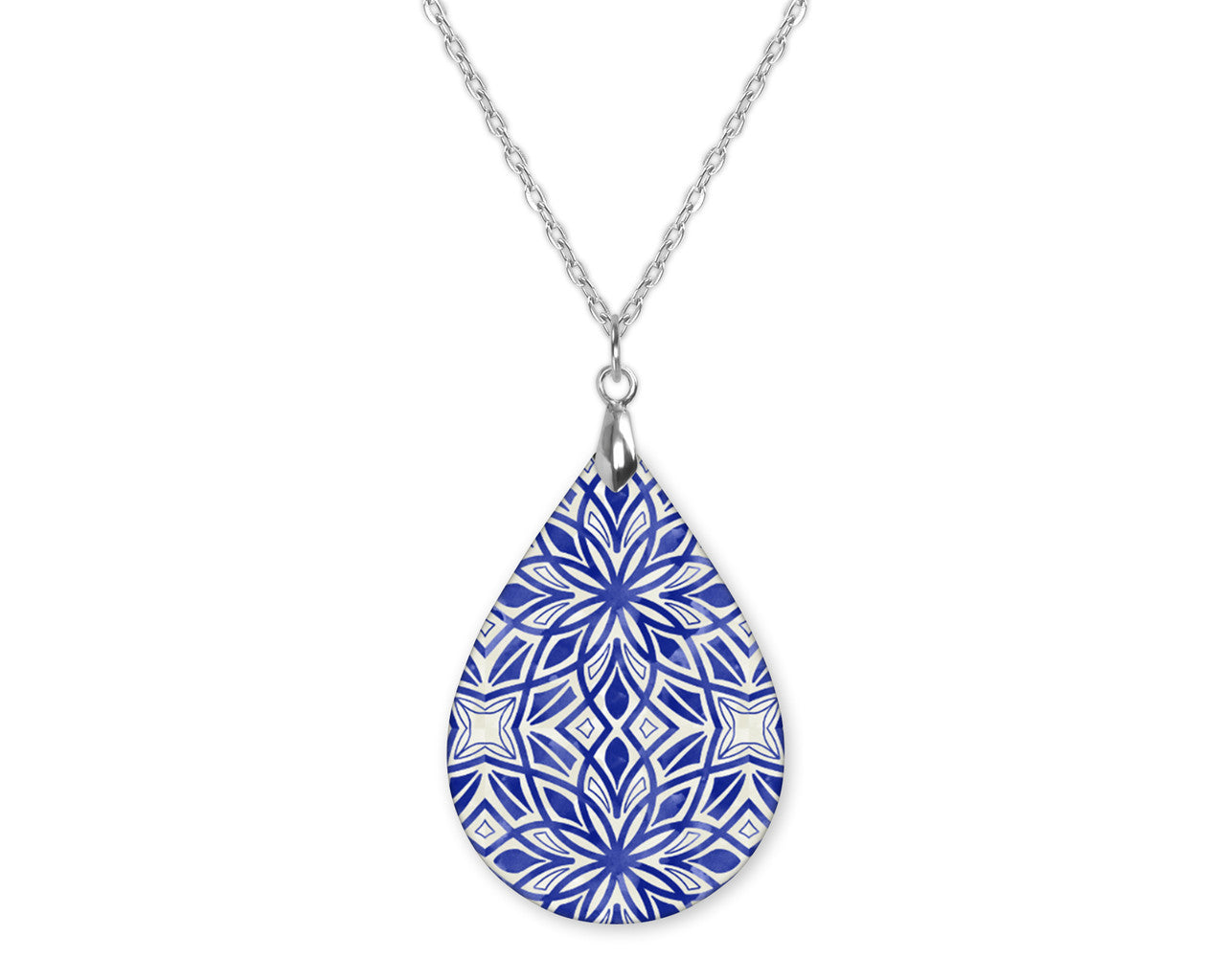 Blue Mosaic Mandala Teardrop Shape Necklace