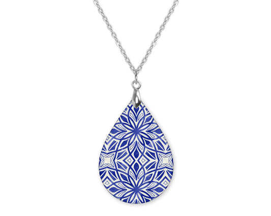 Blue Mosaic Mandala Teardrop Shape Necklace