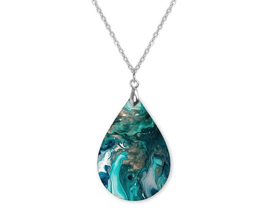 Blue Teal Abstract Art Teardrop Shape Necklace