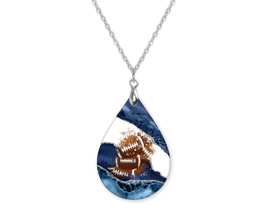 Blue White Silver Football Teardrop Shape Necklace