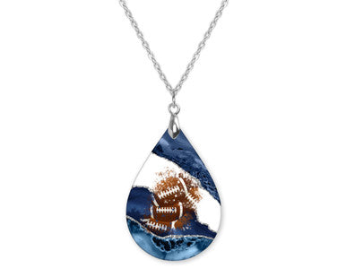 Blue White Silver Football Teardrop Shape Necklace