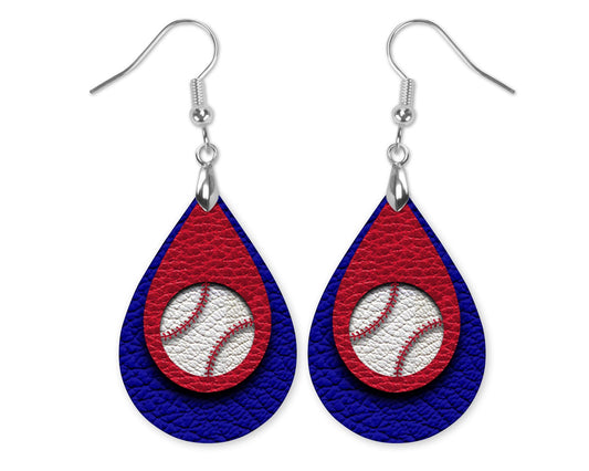 Baseball Red and Blue Teardrop Dangle Earrings