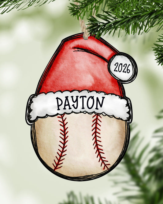 Personalized baseball Christmas ornament hanging on a Christmas tree - The Painted Pug