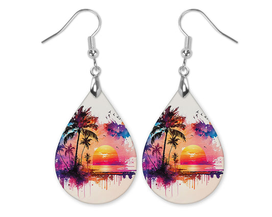 Beach Sunset Teardrop Earrings – Tropical Palm Tree Dangles in 2 Sizes