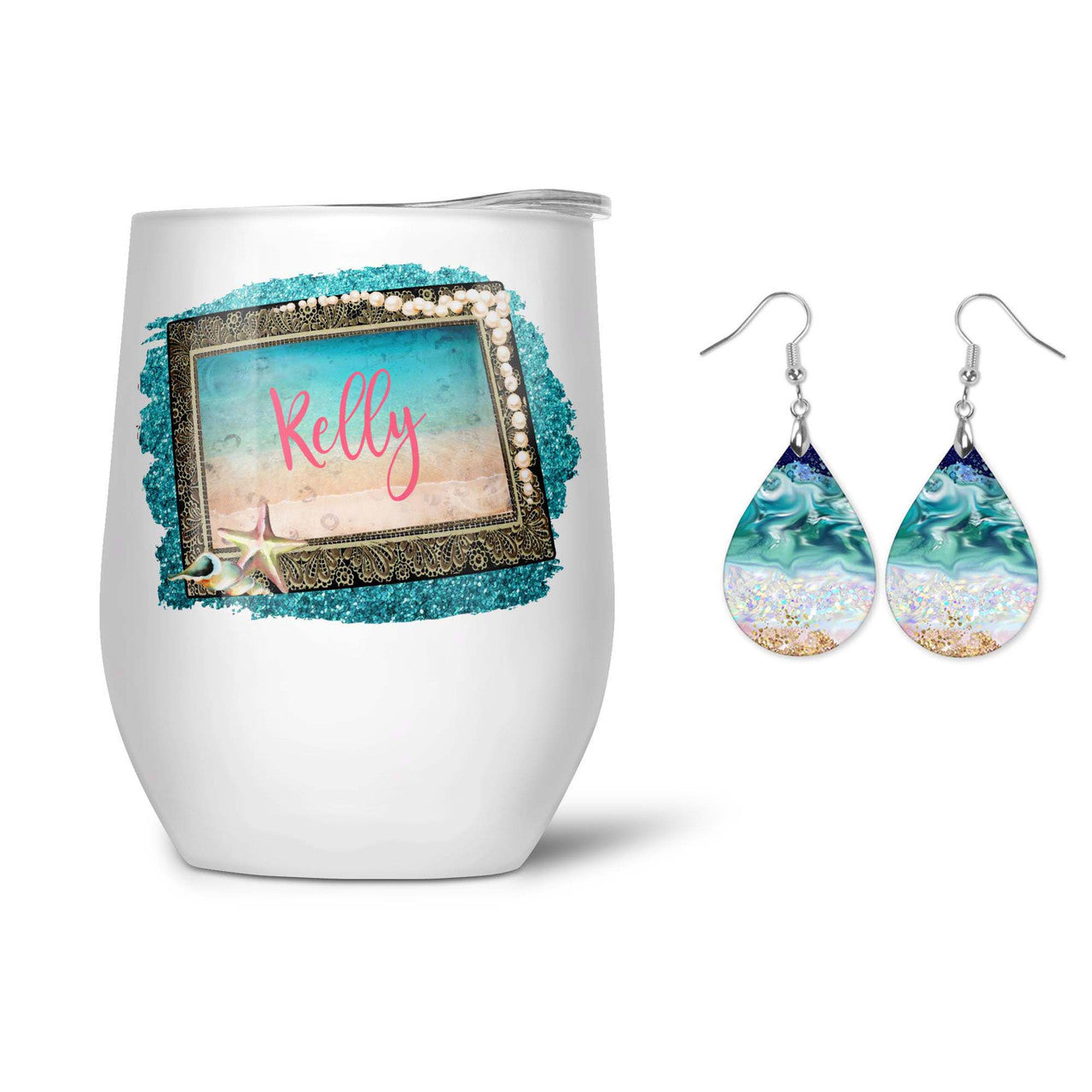 Personalized Beach Earrings Wine Tumbler & Wristlet Gift Set