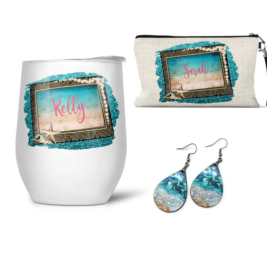 Personalized Beach Earrings Wine Tumbler & Wristlet Gift Set