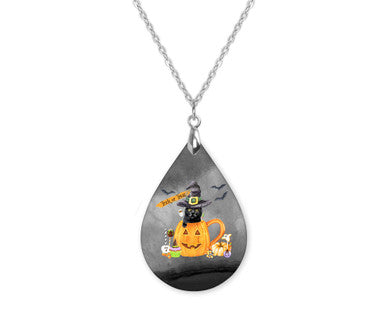 Black Cat Halloween Trick Treat Teardrop Shape Necklace