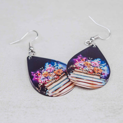 Floral Book Lover Earrings – Acrylic Teardrop Dangle for Readers and Teachers